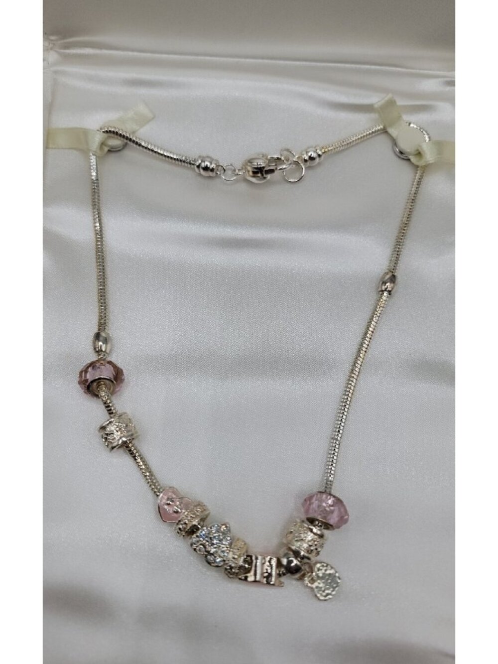 Friedmans Jewelers Breast Cancer Slide Necklace Silver Tone Charm Bead 18" Chain - Picture 3 of 15